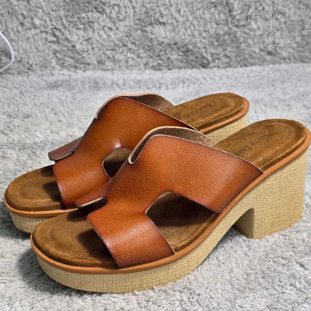 Pierre Dumas Platform‎ Slide Sandals Heeled Cognac Brown Womens 9 NEW